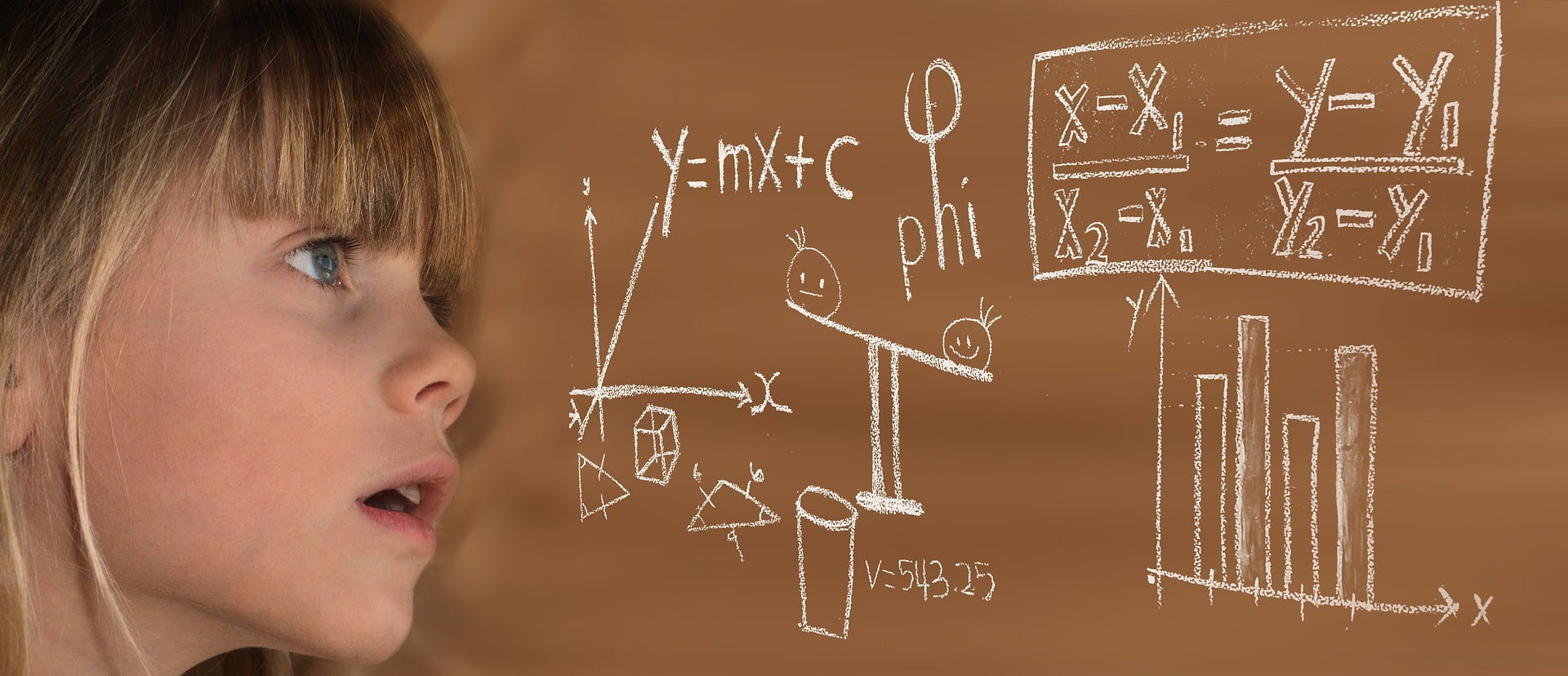 Child looking at chalkboard with science drawings